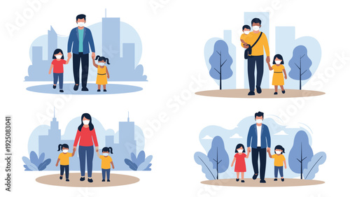 Diverse group of family members wearing protective face masks while walking through a city street during a global pandemic health awareness campaign.