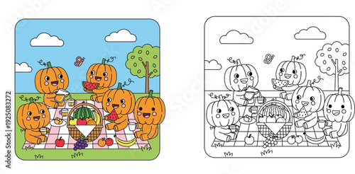 Cute Pumpkin Characters Picnic Outdoors Colored and Line Art Coloring Page for Kids, Funny Autumn Fruit Harvest Illustration Activity Set for Children Educational Fun