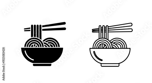 Stylized Black and White Iconography of Noodle Dishes with Chopsticks