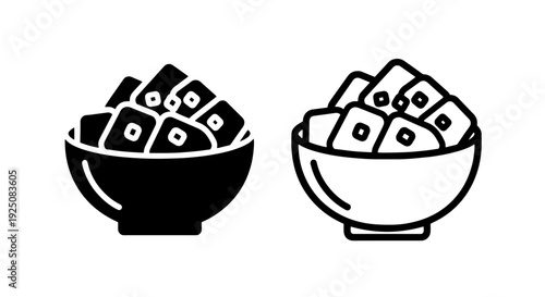 Ice cubes in a bowl icon set, refreshing drink garnish vector illustration, solid and outline styles
