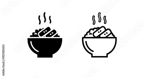 Steaming rice bowl icon set, hot asian dish vector illustration, solid and outline styles