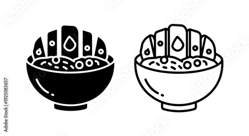 Rice bowl with meat sticks icon set, japanese food vector illustration, solid and outline styles