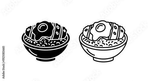 Rice bowl with fried egg icon set, breakfast food vector illustration, solid and outline styles