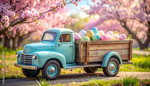 A blue toy truck filled with colorful Easter eggs and flowers