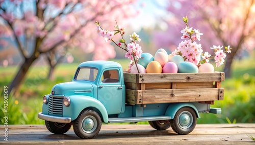 A blue toy truck filled with colorful Easter eggs and flowers
