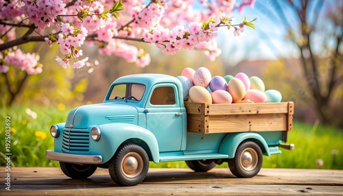 A blue toy truck filled with colorful Easter eggs and flowers