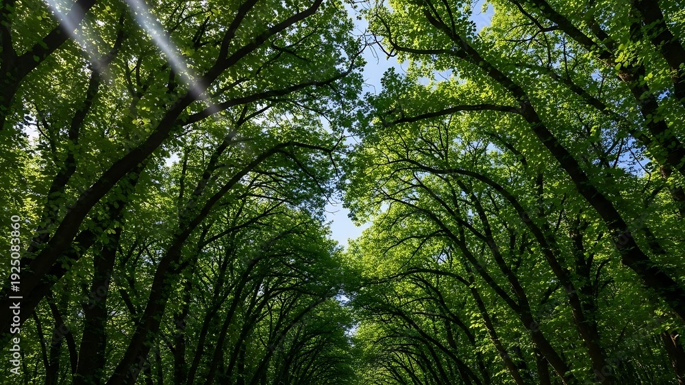 Obraz premium Sunlight shining through trees in a forest canopy overhead natural scenery