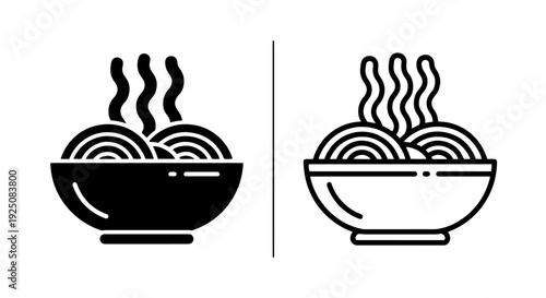 Steaming bowl of noodles, illustrated with wavy lines, solid and outline icons
