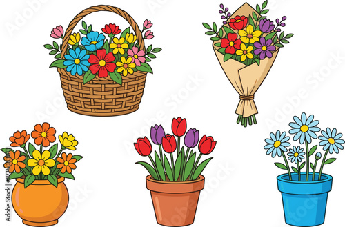 Colorful flower arrangements vector illustration set, basket bouquet potted tulips daisies for spring floral design, wedding, and decoration projects