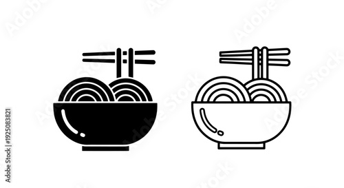 Noodle bowl with chopsticks icon set, solid and outline styles, Asian cuisine symbol