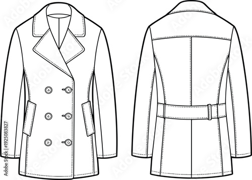 Flat technical fashion CAD drawing of women’s double-breasted trench coat with belt, side pockets, notched collar and long sleeves