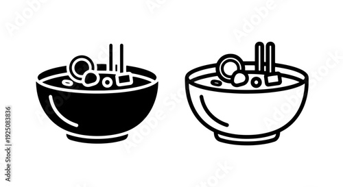 Bowl of soup with ingredients and chopsticks icon, solid and outline styles