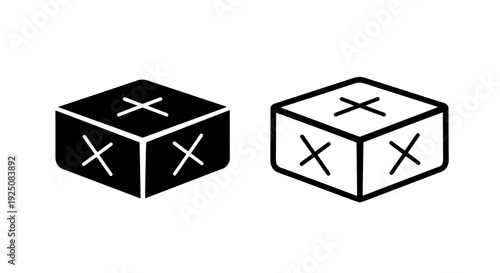 Cube with cross marks icon, solid and outline styles, game or error symbol