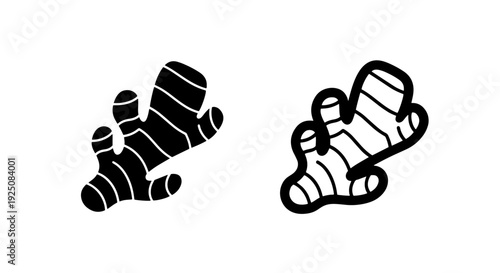 Ginger Root Icon Set: Black Silhouette and Outline for Culinary and Wellness Graphics
