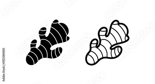 Ginger Root Icon Set: Black Silhouette and Outline for Spice and Health Graphics