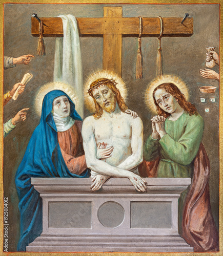 Bobbio - The fresco of Death Christ with his mother Mary and St. John the Evangelist in Cathedral (Santa Maria Assunta) by Luigi Morgari from 20. cent.