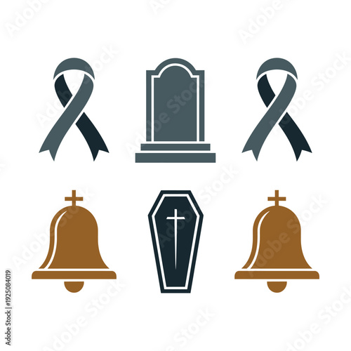 Gravestones, ribbons and coffin icons for remembrance day poster, tribute speech session, wreath laying ceremony, community grief support resources