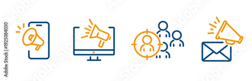 digital marketing icons, business targeting, notification or alert email, outline promo blog, phone, computer with megaphone, line vector with editable stroke