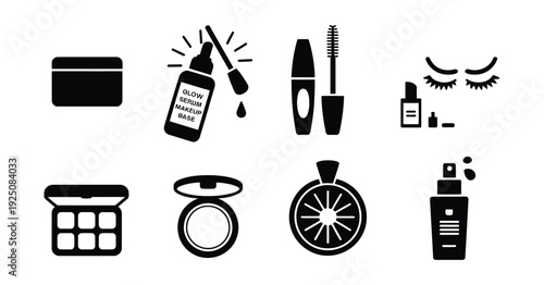 makeup and skincare silhouette icons set for beauty industry and personal care.