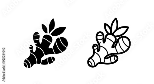 Ginger Root with Leaves Icon Set: Black Silhouette and Outline for Natural Health Graphics