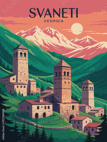 Svaneti Georgia Travel Poster Art - Vintage Mountain Village Landscape