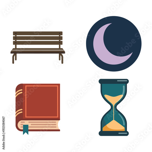 Bench, crescent moon, book and hourglass symbols, twilight vigil event poster, reflection meditation session, quiet park memorial gathering space