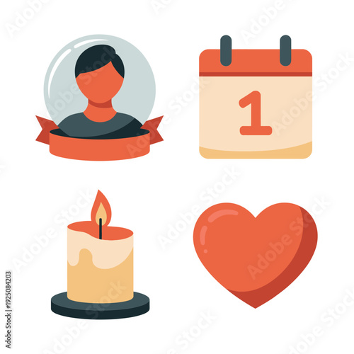 Tribute panel with portrait ribbon, calendar date, candle and heart, memorial announcement template, keynote remembrance session, donation table information