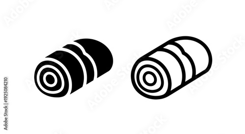 Black and white icons of a rolled hay bale, symbolizing agriculture, harvest, and outdoors.