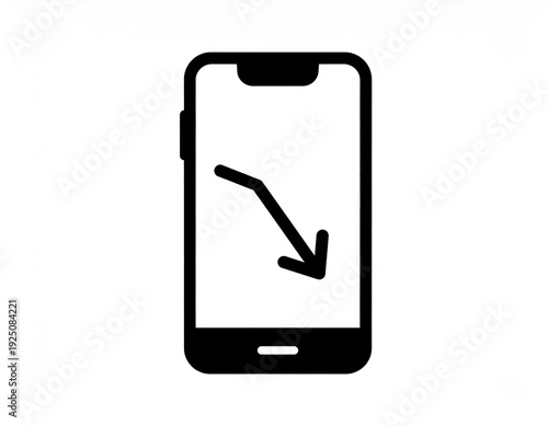 Smartphone with a downward trend arrow, indicating a decline in performance or usage.