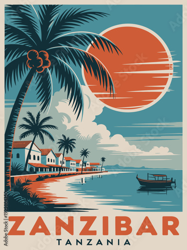 Tanzania travel poster, retro Zanzibar coastal illustration with vintage travel aesthetic