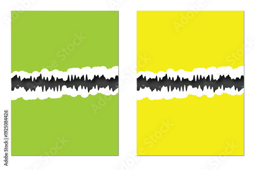 Two green and yellow squares with torn white and black sound wave strips in the middle