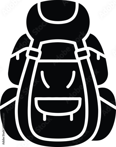 Black minimalist vector icon of a hiking backpack representing travel adventure outdoor camping trekking tourism baggage equipment and mountain climbing.
