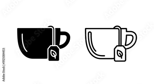 Tea Cup with Tea Bag Icons: Solid and Outline Styles