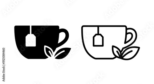 Tea Cup with Leaves Icons: Solid and Outline Vector Graphics