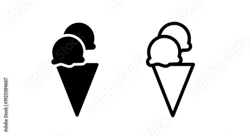 Black and white icons of a double scoop ice cream cone, evoking summer and sweet treats