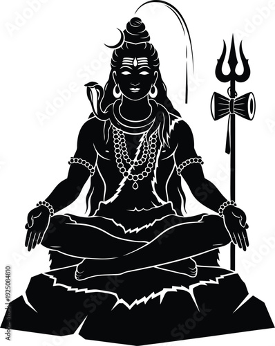 Lord Shiva Meditative Silhouette Illustration with Crescent Moon, Third Eye, Snake Around Neck, Trishula and Damaru, Rudraksha Beads, Rocky Seat, and Sacred Hindu Artwork Design