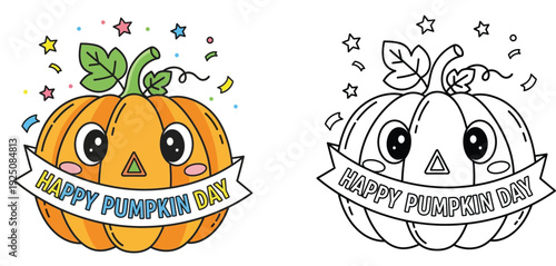 Cute Kawaii Pumpkin Character for Happy Pumpkin Day Celebration, Cartoon Illustration with Coloring Book Page Version for Kids, Autumn and Halloween Party Vector Graphics Set