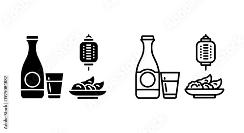 Asian drink and food icon set: bottle, sake cup, snacks, and lantern illustration