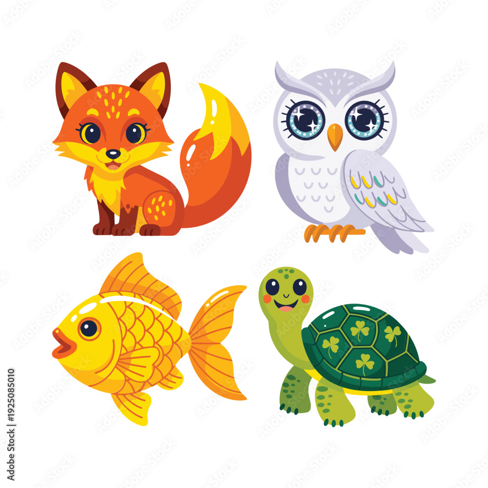 Obraz premium Cute forest and pond animals vector set with fox, owl, goldfish, turtle, kids birthday party, nursery decor, autumn festival