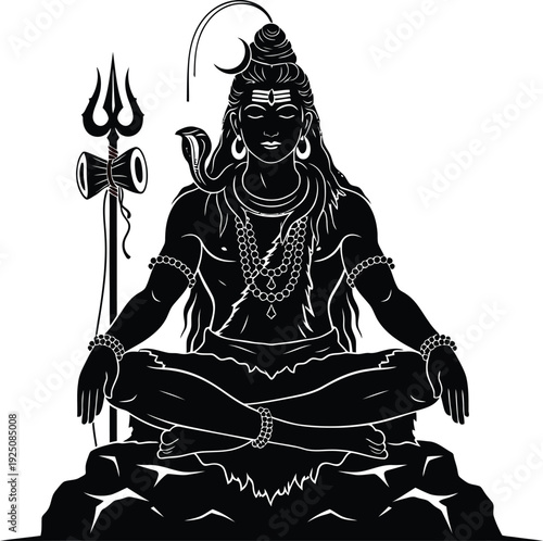 Lord Shiva Meditative Pose Illustration with Crescent Moon, Snake Around Neck, Trishula and Damaru, Rudraksha Beads, Rocky Seat, Calm Expression, and Sacred Hindu Artwork Design