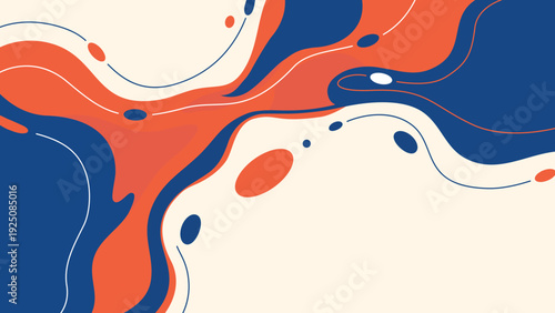 Abstract flowing shapes in red, blue, and white create a dynamic and modern artistic composition.