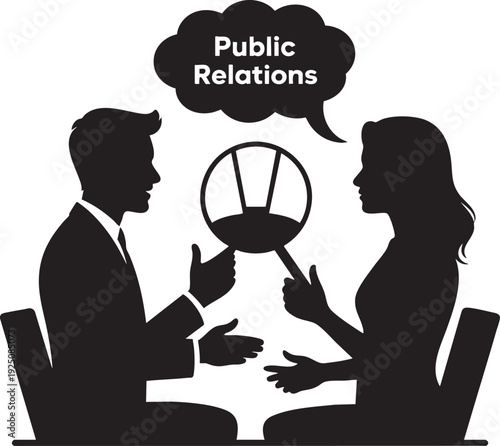 Professional man and woman discussing public relations strategy together using a magnifying glass to analyze the situation carefully in a meeting setting.