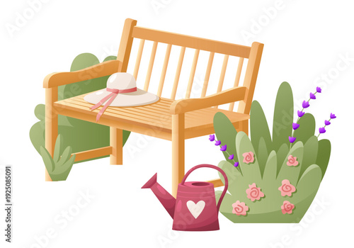 Wooden Bench in the Blooming Garden. Rustic Scene with Lavender Plant, Shrubbery, Retro Watering Can and Straw Hat. Cottagecore Mood. Flat Vector Illustration.