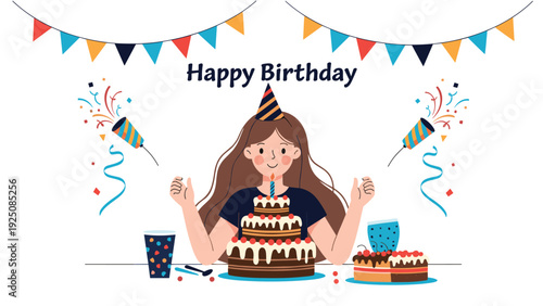 Happy young girl celebrating her birthday with multiple delicious cakes and festive confetti while wearing a striped party hat at home.