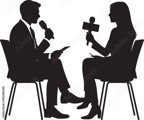 Male and female journalists or interviewers engaged in a discussion with microphones in hand sitting on chairs in a professional vector graphic illustration.