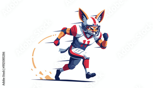 Energetic illustrated fox character, adorned in American football uniform, intensely sprinting with dynamic speed, ideal for sports mascots, team logos, and athletic themes