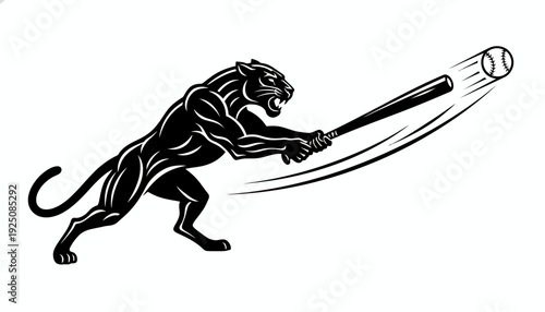Dynamic black panther baseball mascot swinging a bat with powerful force, hitting a ball in a stylized illustration, symbolizing strength, athleticism, and team spirit