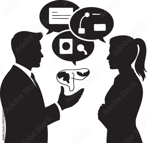 Man and woman silhouettes facing each other with speech bubbles above them in a vector graphic illustration representing communication and conversation