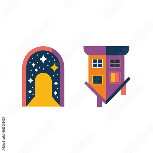 Night house and doorway with starry sky, whimsical home icon for bedtime story, magic adventure poster, kids room art