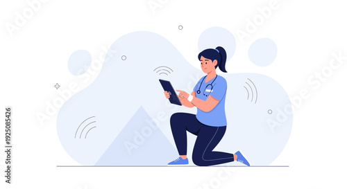 Nurse using digital tablet, kneeling, medical technology concept, illustration